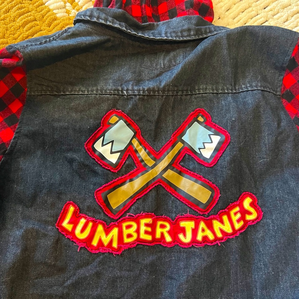 Lumberjanes Denim Jacket with Red Plaid Accents and Hood